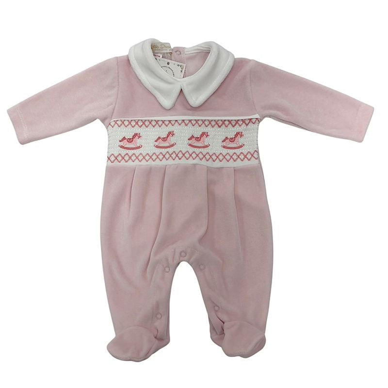 Pink rocking horse smocked baby grow
