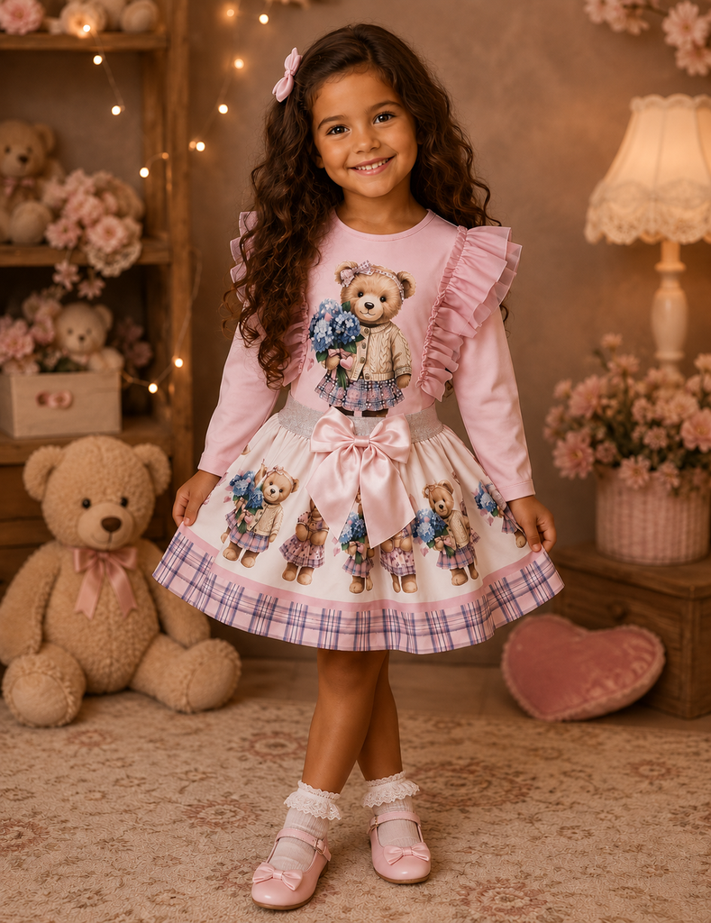 Flower bear pink skirt set