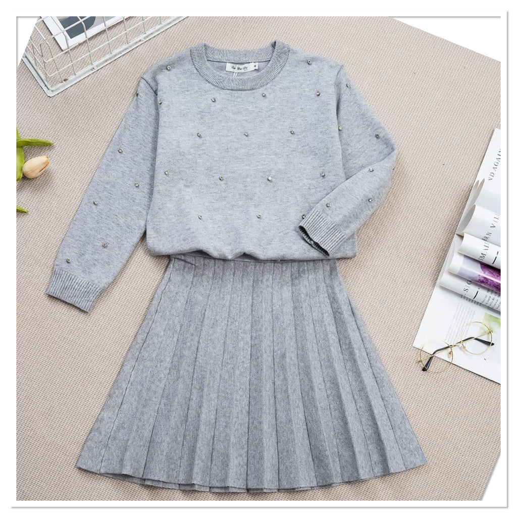 Diamanté knit skirt set Grey