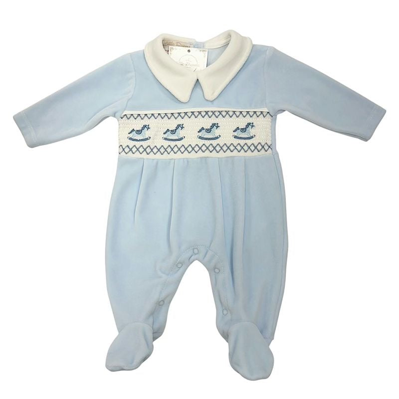 Baby blue smocked rocking horse baby grow