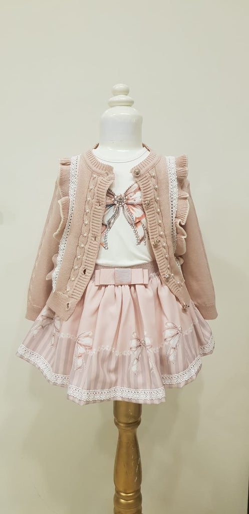 Blush bow & stripe skirt set