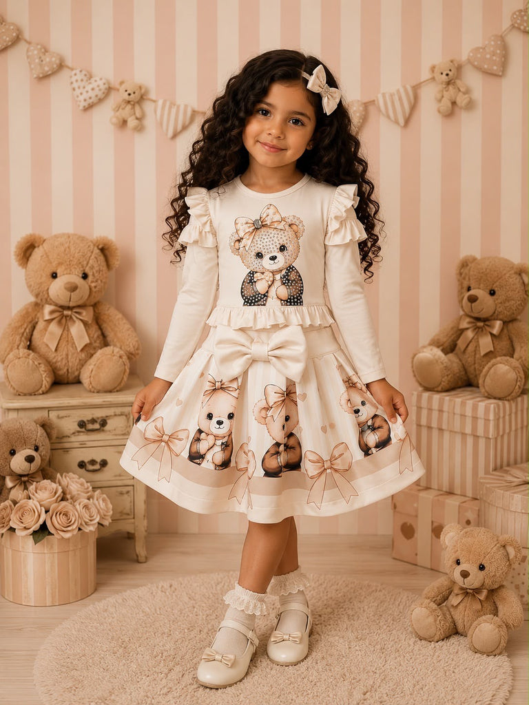 Bow bear beige skirt set