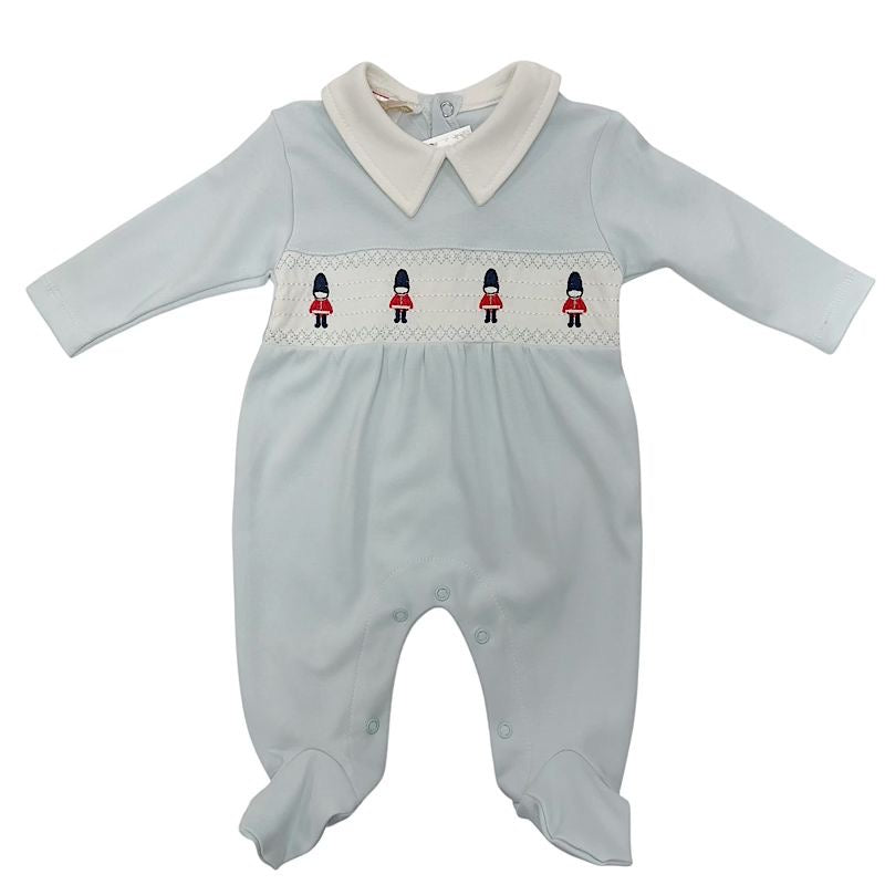 Soldiers smocked baby grow baby blue