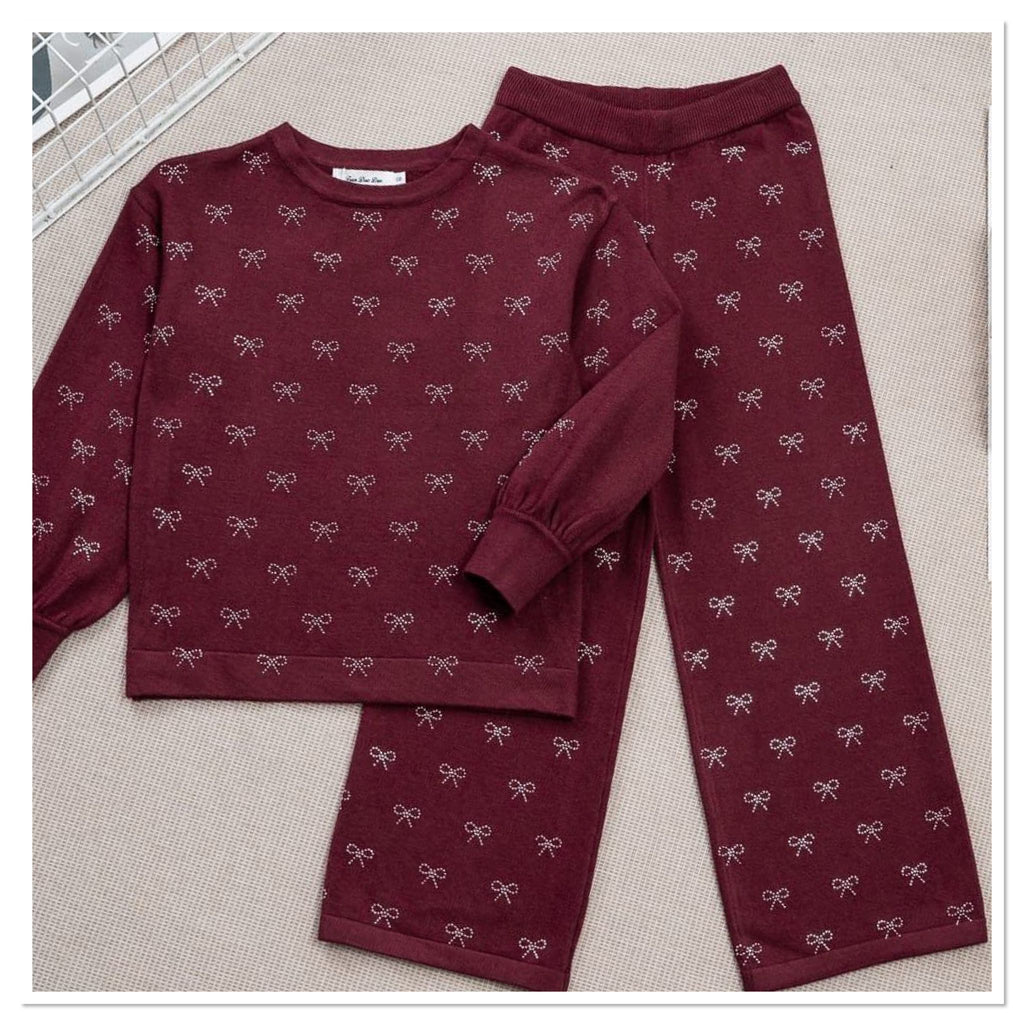 Knitted Bow tracksuit Burgundy ￼￼