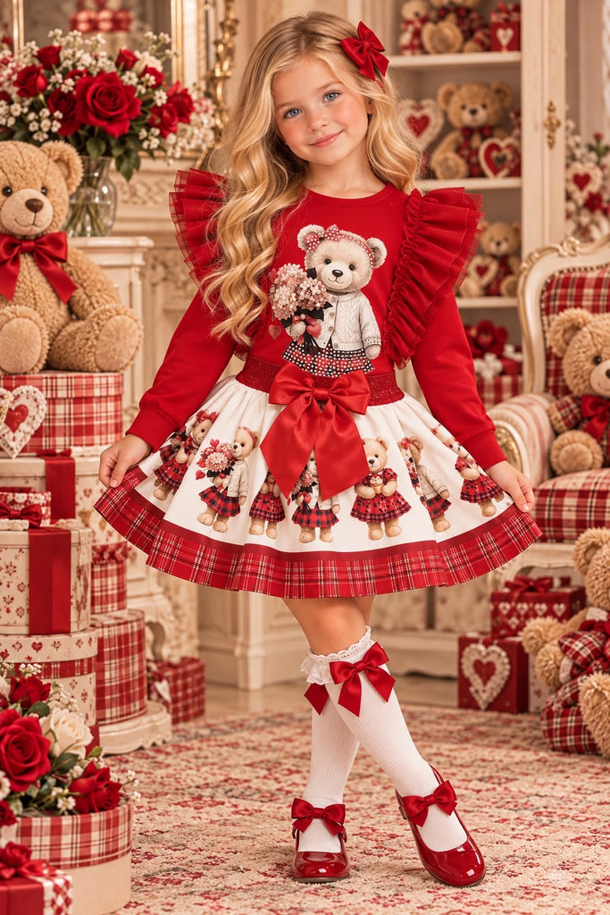 Red flowers & bears skirt set