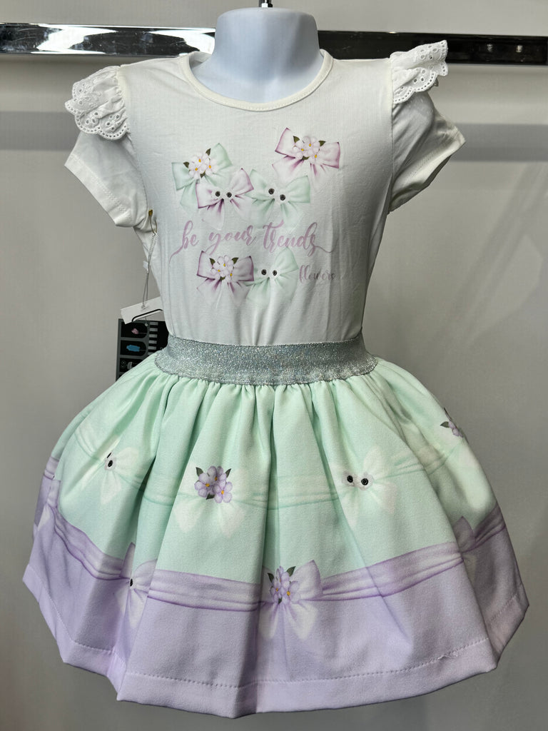 Lilac & Mint flowers & bow skirt set