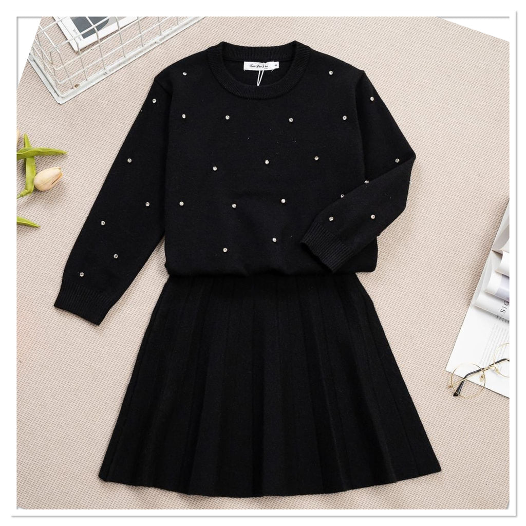 Diamante knit skirt set Black
