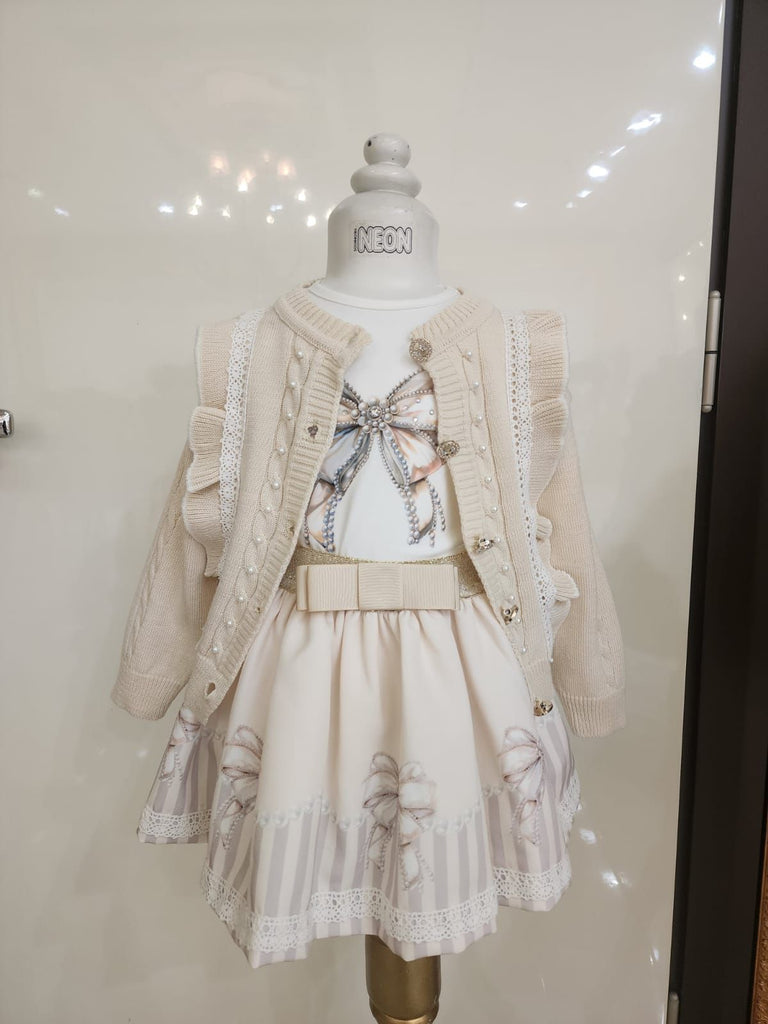 Beige Bow & stripe skirt set
