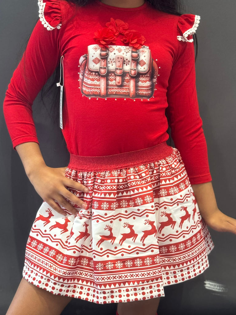 Red reindeer skirt set