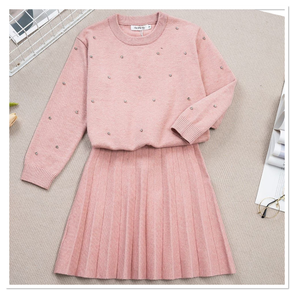 Diamanté knit skirt set Pink￼