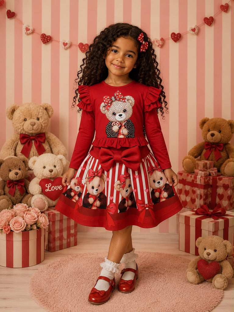 Bow bear red skirt set
