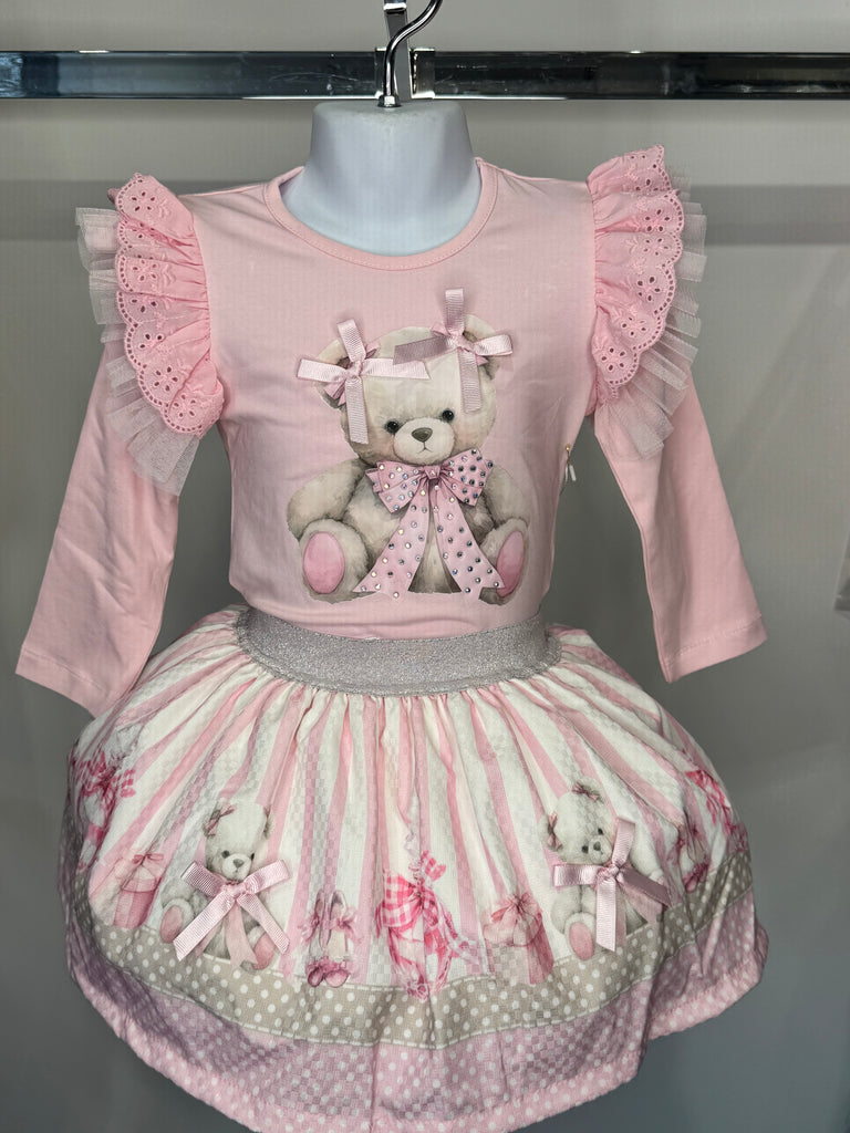 Teddy pink frill skirt set