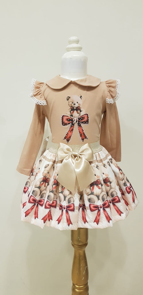 Beige teddy bow skirt sets