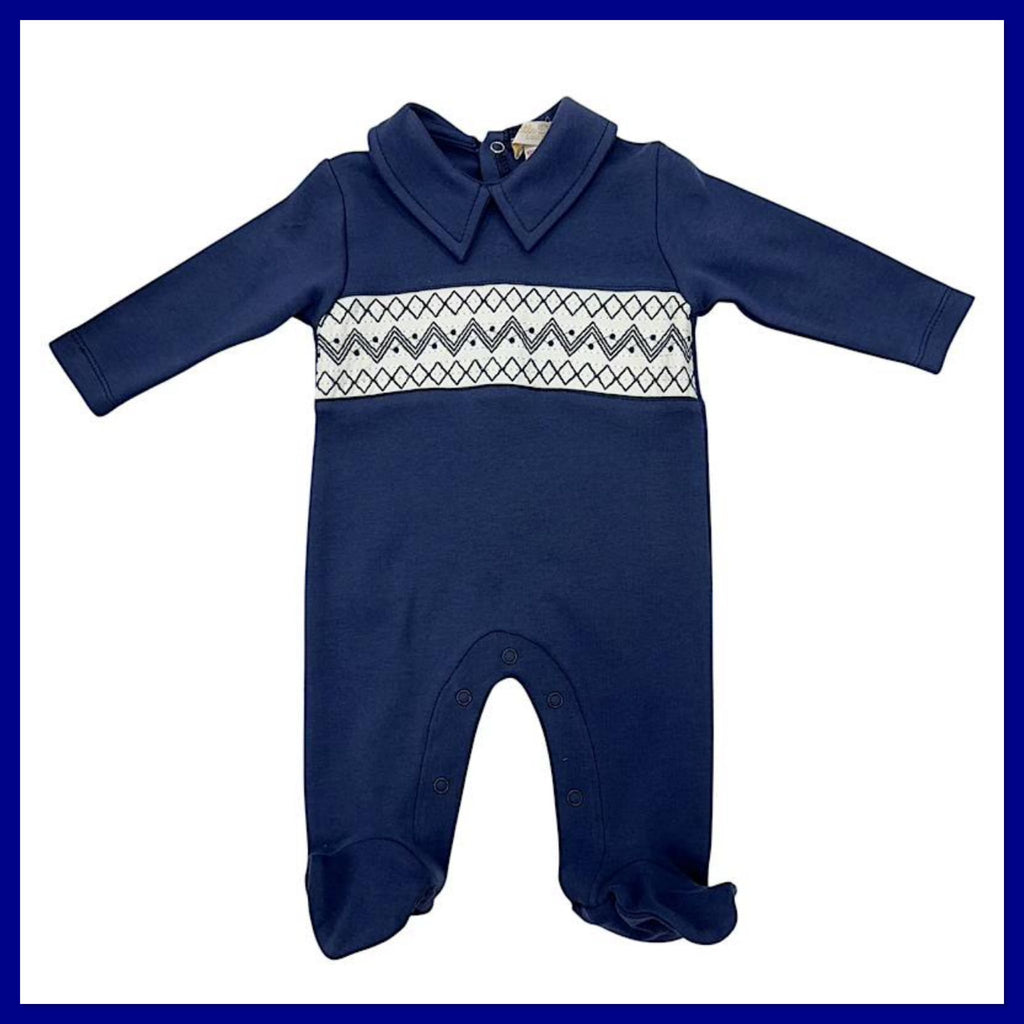 Navy smocked baby grow
